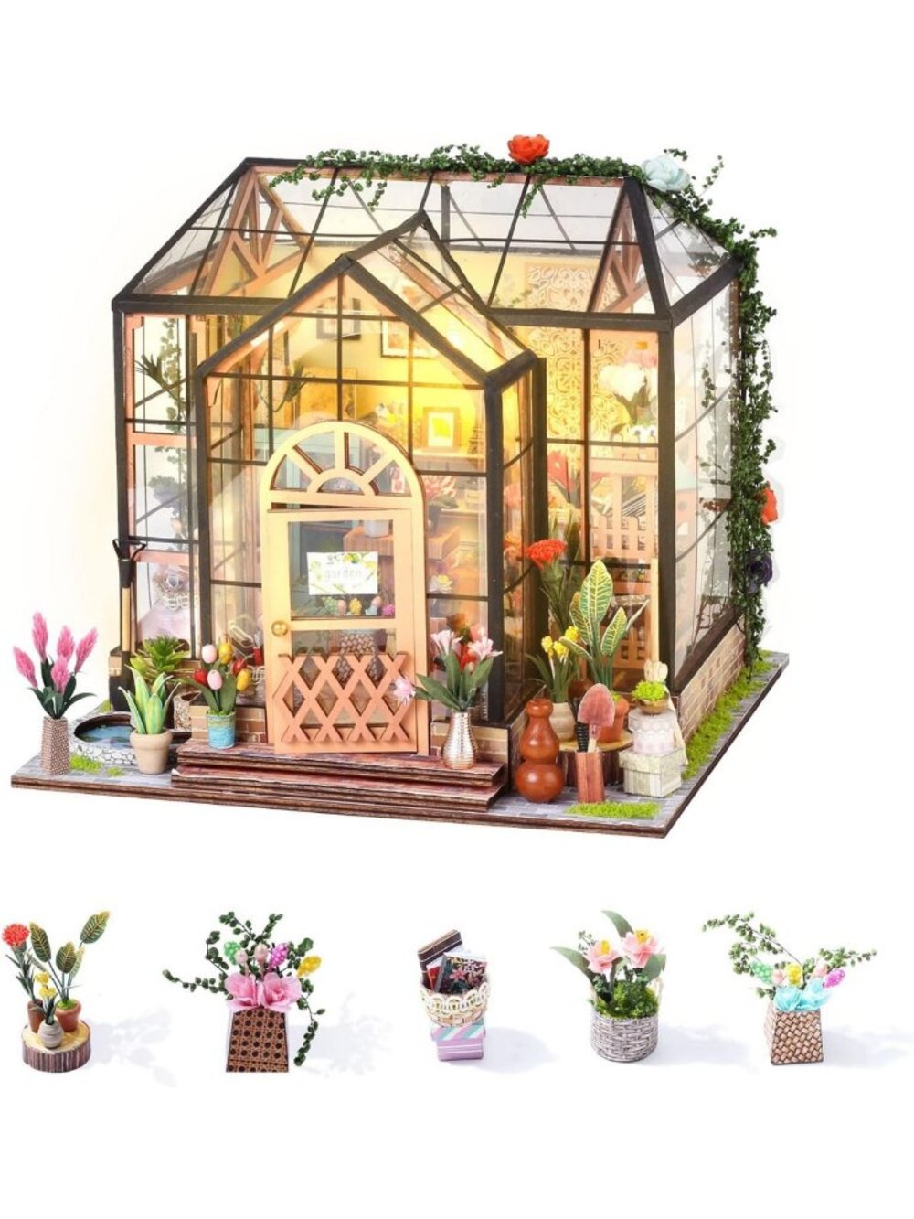 DIY Miniature Greenhouse Booknook Kit | 1:24 Scale Wooden Diorama with Lights